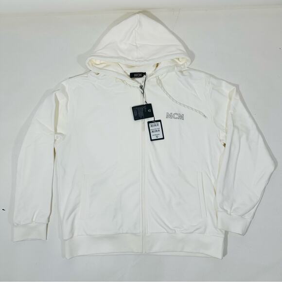 MCM Mens Essentials Logo Zip Up Hoodie In Organic Cotton White NWT - Picture 5 of 14